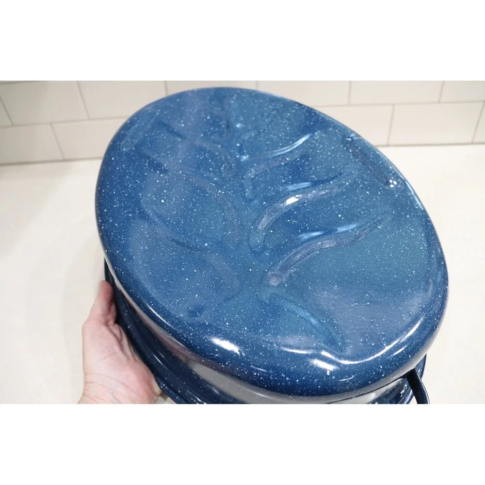 Blue Speckled Enamelware Oval Roasting Pan with Lid 16 Inch Turkey Roaster